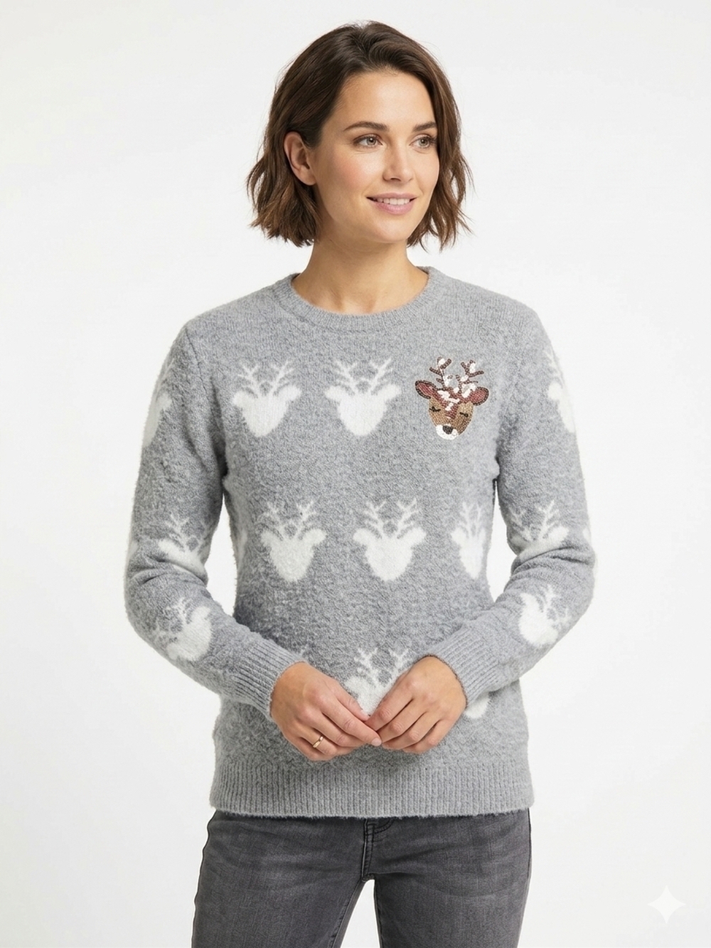 Women's Grey Reindeer Crewneck Sweater - Festive Knit